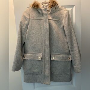 J Crew city wool jacket with fur hood size 6 (fits small and medium)